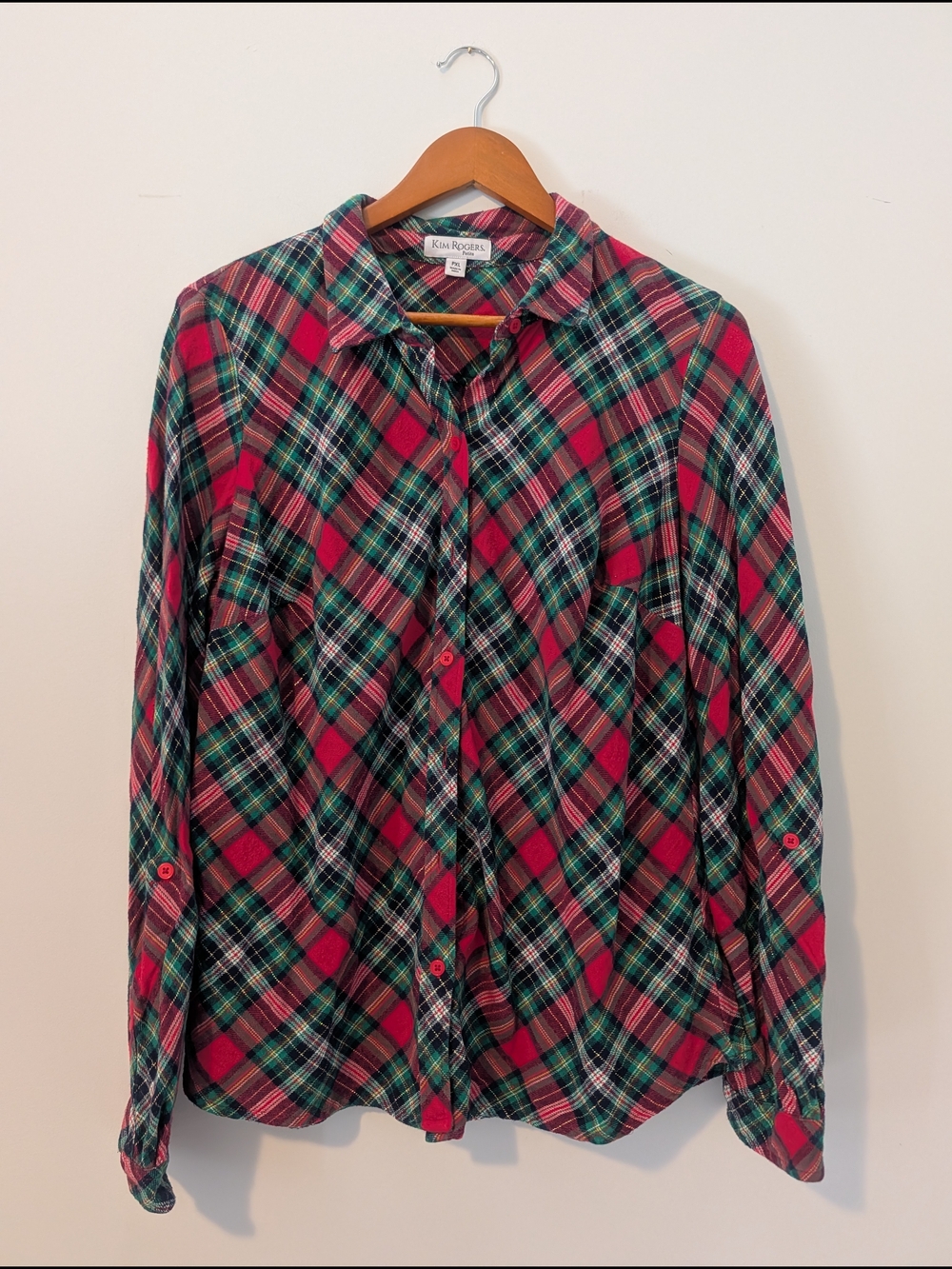 Kim Rogers Red and Green Plaid Button-Down Shirt
